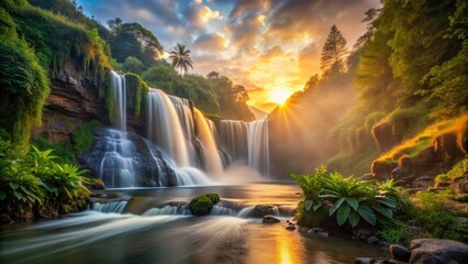 Serene Waterfall Cascading at Golden Hour, Lush Tropical Vegetation and Sunbeams Illuminating the Scene