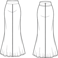Mermaid skirt technical fashion sketch, front and back view, panel design, zipper detail, garment construction, cad drawing flat vector illustration