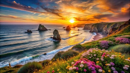 Ocean Sunset Vista Vibrant wildflowers bloom atop a dramatic coastal cliff, overlooking a serene beach and majestic rock formations bathed in the golden hues of a breathtaking sunset.