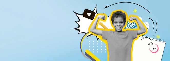 Fotobehang Beren Bright and colorful collage showcases a smiling child flexing muscles against a light blue background. Dynamic graphic elements add energy and joy to the scene, creating a playful atmosphere.  © Prostock-studio