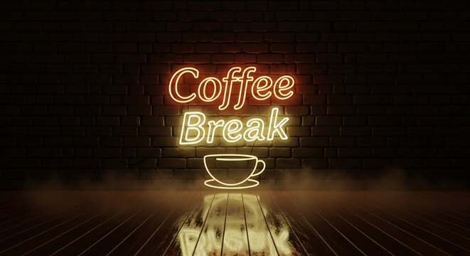 Coffee break neon sign over brick wall for cafe promotions, workspace design, blog headers or relaxed atmosphere visuals. Great for break reminder post, productivity.
