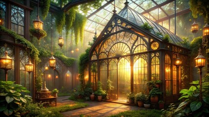 Enchanted Conservatory A Sunlit Oasis of Hanging Lanterns and Lush Greenery within an Ornate Glass Structure