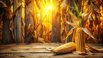 Golden Hour Harvest Ripe Corn on Rustic Wooden Table with Dried Stalks