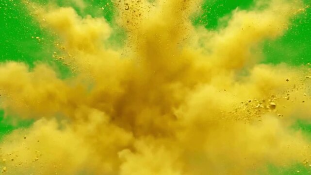 A dynamic explosion of vibrant yellow powder creates a cloud against a solid green screen background.