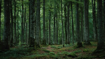 Obraz premium dark green beech stand growe texture in summer forest tree trunks in shadows no logos no brands ar 169