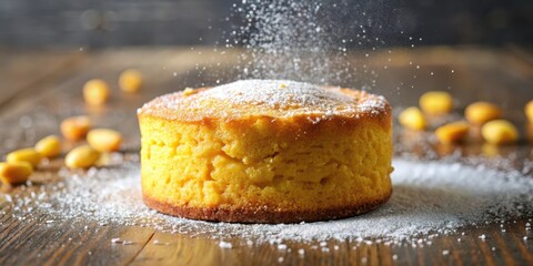 A Delicious Golden-Brown Baked Treat Dusted with Powdered Sugar on a Rustic Wooden Surface