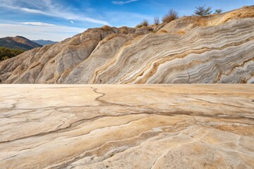 Striking Desert Landscape Featuring a Flat Rock Surface Against a Background of Textured Rock Formations Under a Vivid Sky