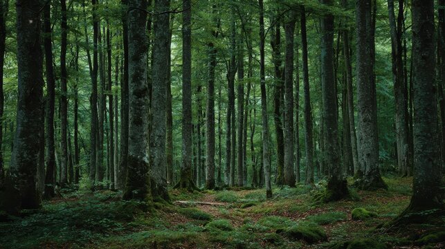 dark green beech stand growe texture in summer forest tree trunks in shadows no logos no brands ar 169