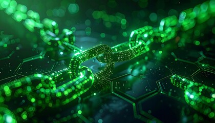 A glowing green digital chain link on a hexagonal background, symbolizing blockchain technology.