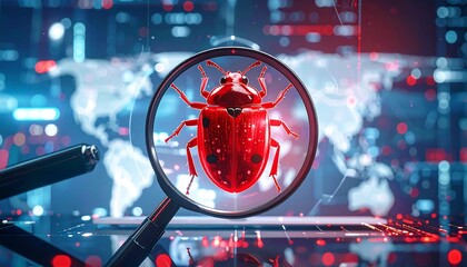 A magnifying glass focuses on a large, glowing red bug icon over a futuristic, blurred world map interface, symbolizing global cybersecurity threats.