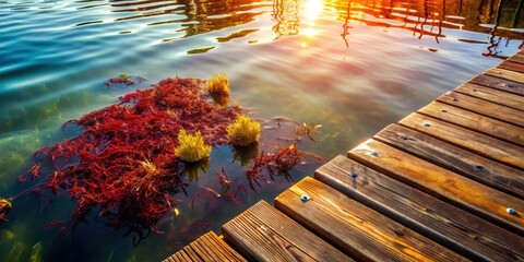 Serene Sunset Glow on Calm Water with Vibrant Aquatic Plants Near Wooden Dock