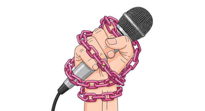 Chained hand holding a microphone symbolizing censorship and suppressed speech. creative background style inspiration