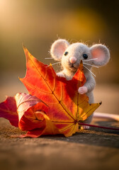 Adorable mouse peeking from behind vibrant autumn maple leaf in golden light