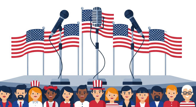 Diverse Crowd and American Flags at Political Rally. concept design creative background style inspiration