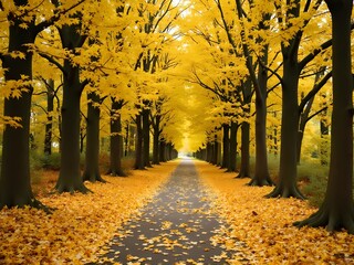 Fototapeta premium A long, straight path lined with tall trees displaying vibrant yellow autumn foliage, with fallen leaves covering the ground.