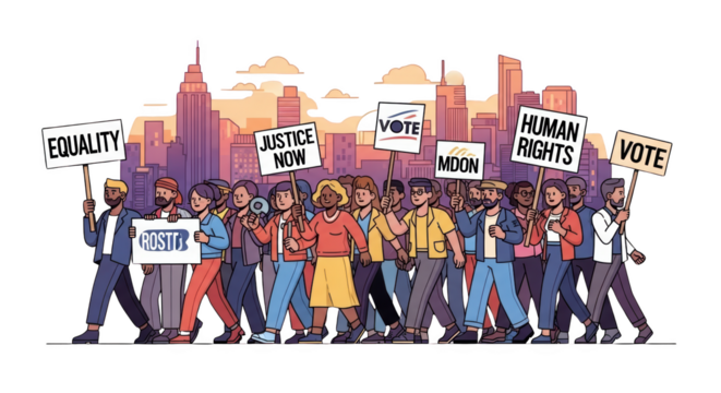 Diverse Crowd Marching for Justice. style inspiration illustration concept design creative background style inspiration