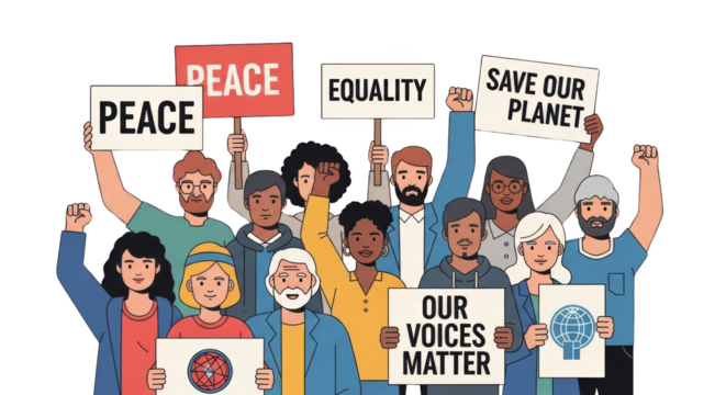 Diverse Crowd Protesting for Peace Equality and Planet. concept design creative background style inspiration