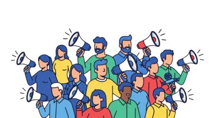Diverse Crowd with Megaphones Announcing Protesting Voices. illustration concept design creative background style inspiration