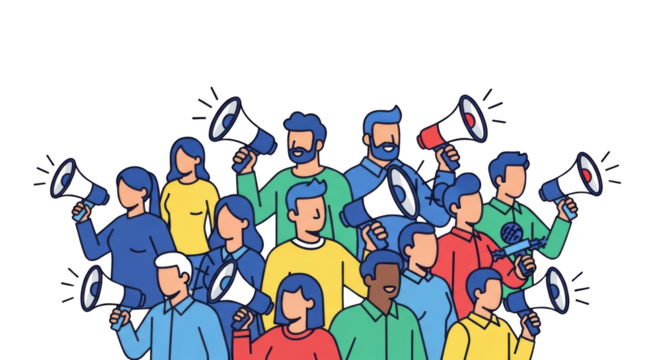 Diverse Crowd with Megaphones Announcing Protesting Voices. illustration concept design creative background style inspiration