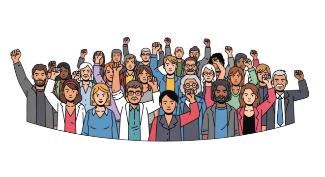 Diverse Crowd Raising Fists in Unity. inspiration illustration concept design creative background style inspiration
