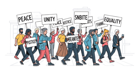 Diverse group of people marching with signs for peace justice and equality. style inspiration