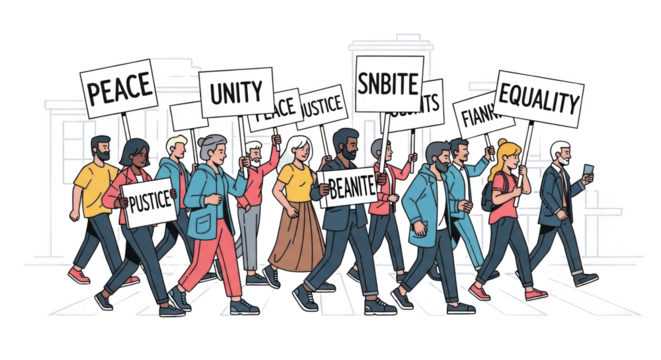 Diverse group of people marching with signs for peace justice and equality. style inspiration