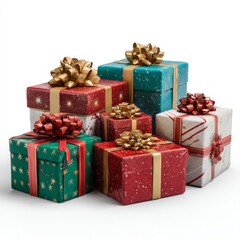 Obraz premium Colorful Assortment of Wrapped Gifts with Bows for Celebrations and Holidays, Featuring Various Designs and Sizes in Festive Colors
