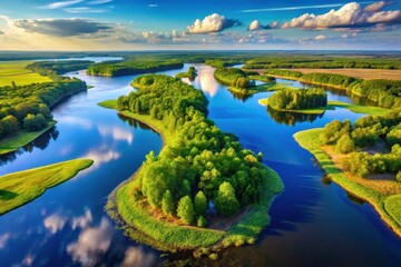 Fototapeta premium Serene River Landscape An Aerial View of Lush Green Islands and Reflecting Waters Under a Vibrant Sky