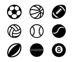 Fototapeta premium Sports ball silhouette icons , soccer, basketball, football, volleyball, tennis, baseball