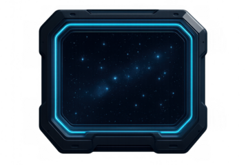 Spaceship window looking out finding stars in deep space, futuristic view from a sci-fi porthole frame