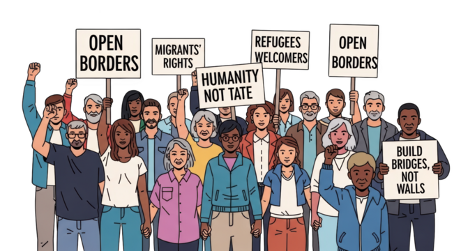 Diverse Group Protesting for Open Borders and Human Rights. design creative background style inspiration