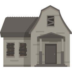 Dilapidated Gray House With Boarded Windows and a Porch Entrance Under a Cloudy Sky Isolated on a...