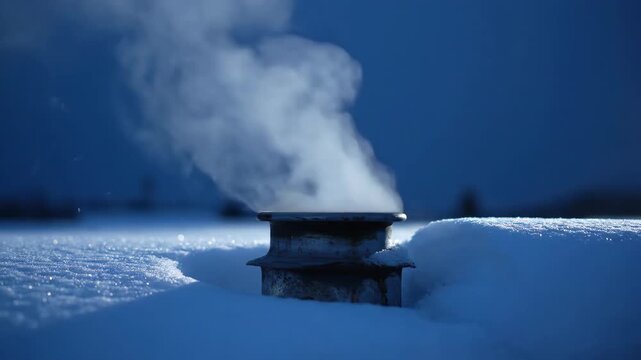 Smoke rising from vent on snowy ground at night in winter season