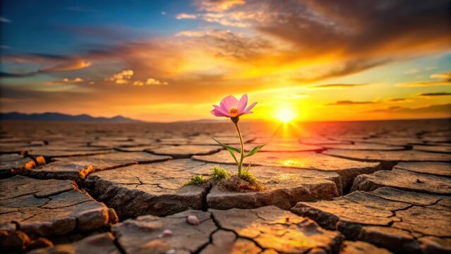 Resilience personified A delicate bloom thrives amidst cracked earth during a vibrant sunset, symbolizing hope and perseverance in challenging times.