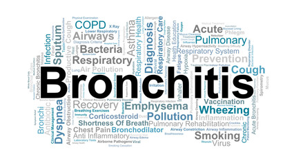 Bronchitis Word Cloud. Key Concepts On Airway Inflammation, Cough, Respiratory Infection, And Pulmonary Health Understanding For Clinical Education.
