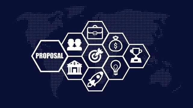 Business proposal infographic with global map and success icons concept