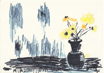 Yellow Flowers in a Black Vase  Expressive Marker Drawing