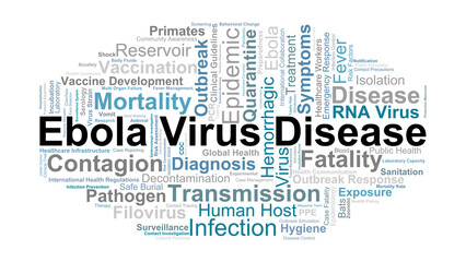 Ebola Virus Disease Word Cloud. Key Terms On Hemorrhagic Fever, Transmission, Mortality, Symptoms, Outbreaks, Public Health, And Infection Control.