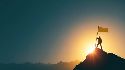 business success leadership achievement and people concept  silhouette of businessman with flag on mountain top over sky and sun light background no logos no brands ar 169