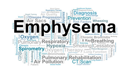 Fototapeta premium Emphysema Word Cloud. Key Terms On Lung Damage, Breathing, COPD, And Respiratory Health.