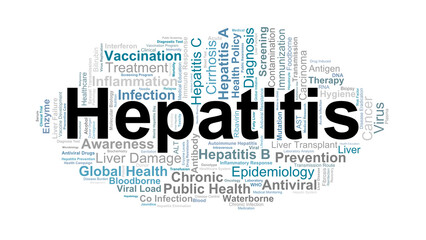 Fototapeta premium Hepatitis Word Cloud. Key Concepts About Liver Inflammation, Viral Infection, Prevention, Treatment, And Global Health Awareness.