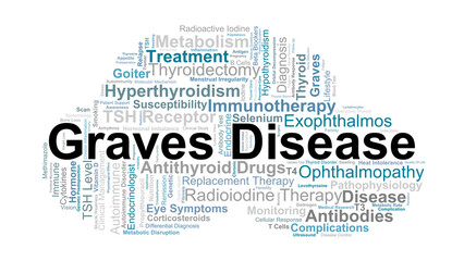 Graves Disease Word Cloud. Key Concepts On Autoimmune Hyperthyroidism, Thyroid Function, Hormones, Treatment, And Clinical Management In Endocrine Disorders.
