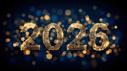 golden 2026 text with abstract geometric shapes and bokeh lights on a dark blue background celebrating new year