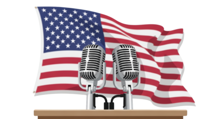 Political speech podium with two retro microphones and an American flag background. style inspiration