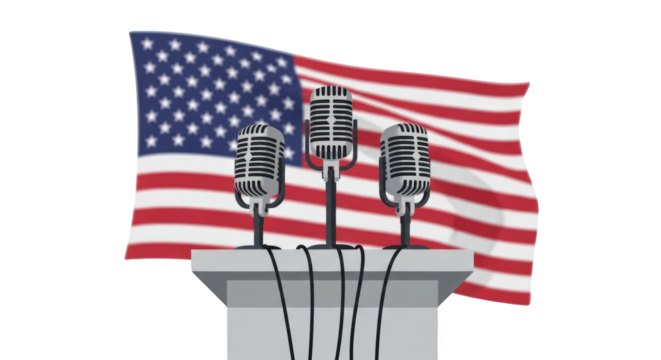 Podium with Microphones and American Flag. inspiration illustration concept design creative background style inspiration