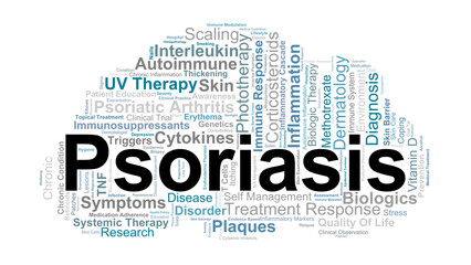 Psoriasis Word Cloud. Key Medical Terms Related To Chronic Skin Inflammation, Autoimmune Response, Lesions, And Therapeutic Approaches In Dermatology.