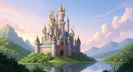 Fairytale Castle Surrounded by Nature with Mountain Landscape and Water Reflection