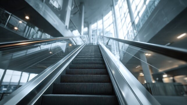 lowangle view of an escalator ascending in a sleek modern corporate building symbolizing progress success and upward mobility in a business context