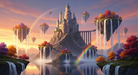 Obraz premium Fantasy Castle Surrounded by Waterfalls and Floating Islands During Sunset with Rainbows and Colorful Trees
