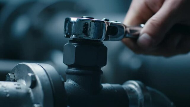 A hand uses a ratchet to tighten a bolt on industrial pipework